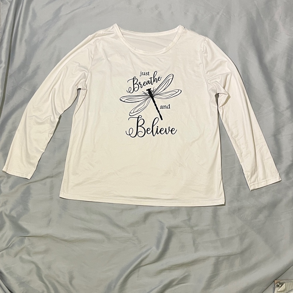 White Long Sleeve Shirt with Dragonfly Print Size XL